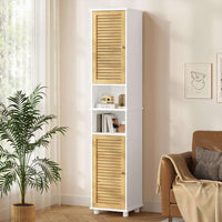 Meuble de Salle de Bain Haut avec 2 Portes en Bambou 2 Compartiments Ouverts et Étagères Réglables Blanc - FR.SIKAIC