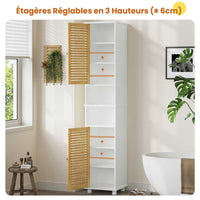 Meuble de Salle de Bain Haut avec 2 Portes en Bambou 2 Compartiments Ouverts et Étagères Réglables Blanc - FR.SIKAIC