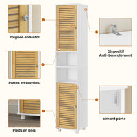 Meuble de Salle de Bain Haut avec 2 Portes en Bambou 2 Compartiments Ouverts et Étagères Réglables Blanc - FR.SIKAIC