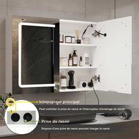 FR.SIKAIC Armoires de Toilette Blanc / Moderne Meuble Miroir Salle de Bain avec Rangement avec éclairage LED et Prise de courant, Double porte miroir, Blanc, 80 x 16 x 60 cm