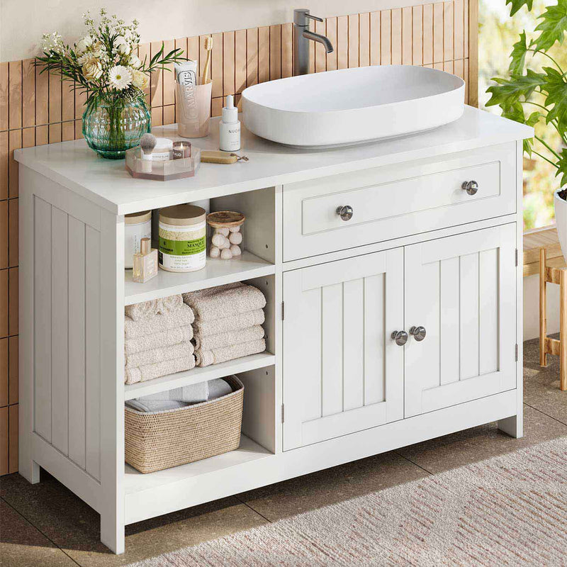 FR.SIKAIC Armoires de Salle de Bain Blanc / Bois d'ingénierie / Moderne Meuble sous Lavabo Salle de Bain avec 1 Grand Tiroir 1 Armoire à Deux Portes et Étagères Ouvertes 90x30x60 cm Blanc