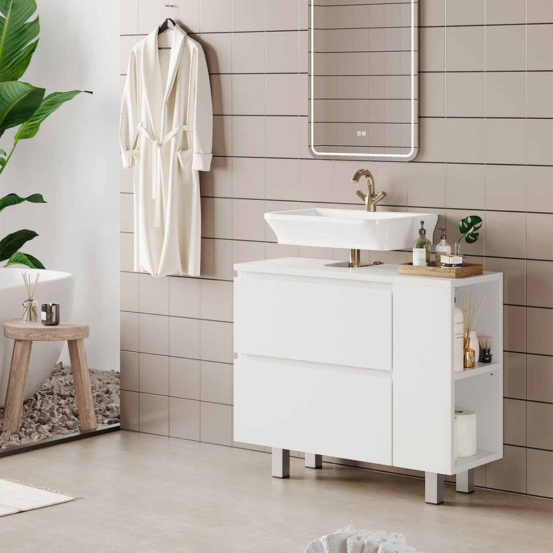 FR.SIKAIC Armoires de Salle de Bain Blanc / Moderne Meuble sous Lavabo Salle de Bain avec 2 Grands Tiroirs, 2 Compartiments Interchangeables et Pieds, 80 x 30 x 66 cm, Blanc