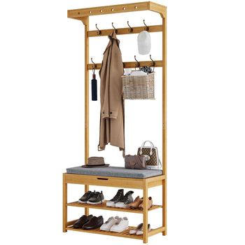 Portemanteau en Bambou avec Banc 10 Crochets et Étagères à Chaussures Naturel 33×70×175 cm - FR.SIKAIC
