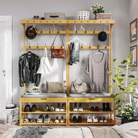 Portemanteau en Bambou avec Banc 10 Crochets et Étagères à Chaussures Naturel 33×70×175 cm - FR.SIKAIC