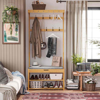 Portemanteau en Bambou avec Banc 10 Crochets et Étagères à Chaussures Naturel 33×70×175 cm - FR.SIKAIC
