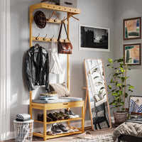 Portemanteau en Bambou avec Banc 10 Crochets et Étagères à Chaussures Naturel 33×70×175 cm - FR.SIKAIC