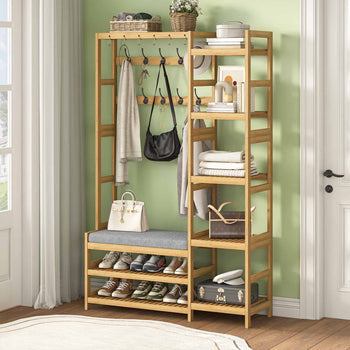 Portemanteau en Bambou avec Banc 5 Étagères de Rangement Étagères à Chaussures et Crochets - FR.SIKAIC