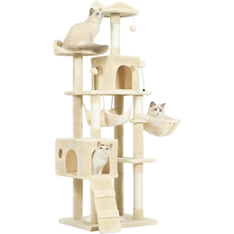 FR.SIKAIC Arbre à Chat Beige / Moderne PRÉ-VENTE Arbre à Chat 170 cm avec 2 Plateformes d'observation 2 Grottes pour chats et 3 Hamacs Beige