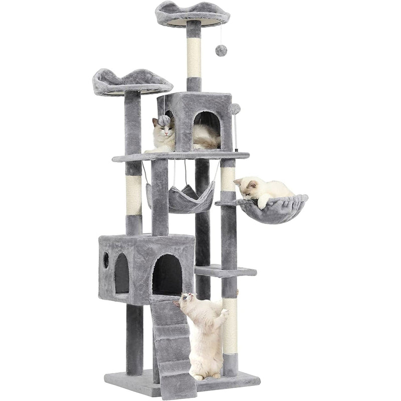 FR.SIKAIC Arbre à Chat Gris clair / Moderne PRÉ-VENTE Arbre à Chat 170 cm avec 2 Plateformes d'observation 2 Grottes pour chats et 3 Hamacs Gris clair