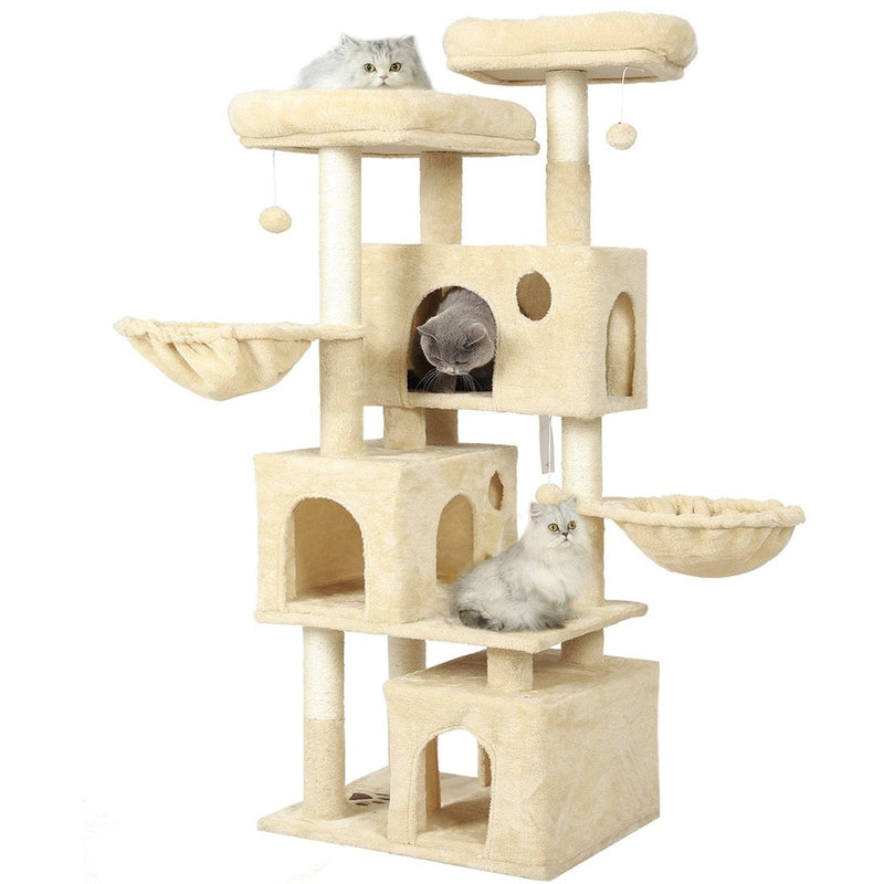 FR.SIKAIC Arbre à Chat Beige / Moderne PRÉ-VENTE Arbre à Chat Grimpant Robuste 156 cm avec 2 Plateformes 3 Grottes à chat et 2 Paniers Beige