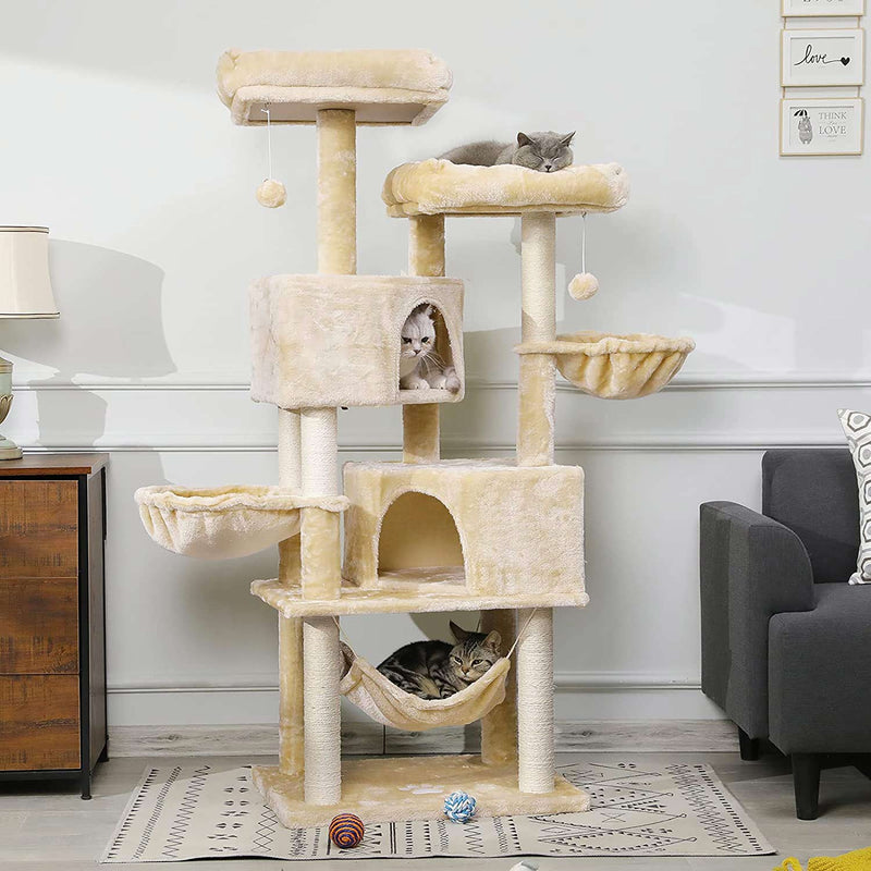 FR.SIKAIC Arbre à Chat Beige / Moderne PRÉ-VENTE Arbre à Chat Stable pour Grands Chats 153 cm avec Grands Troncs en Sisal Naturel Beige