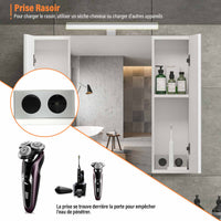 70 cm Armoire de Toilette avec Miroir de Salle de Bain avec Prise D'éclairage LED et Grand Espace de Rangement Blanc - FR.SIKAIC