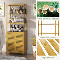 Armoires de Salle de Bain Haute en Bambou avec 3 Compartiments Ouverts et 1 Armoire Naturel 64x33x170 cm - FR.SIKAIC