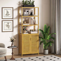 Armoires de Salle de Bain Haute en Bambou avec 3 Compartiments Ouverts et 1 Armoire Naturel 64x33x170 cm - FR.SIKAIC