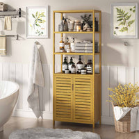 Armoires de Salle de Bain Haute en Bambou avec 3 Compartiments Ouverts et 1 Armoire Naturel 64x33x170 cm - FR.SIKAIC