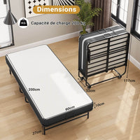 Lit pliant 90x200 cm avec Matelas en mousse de 10 cm d'épaisseur Cadre de lit simple en métal - FR.SIKAIC
