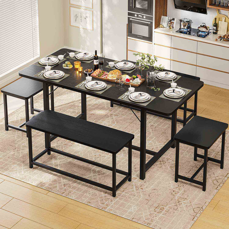 FR.SIKAIC Table à manger Noir / Moderne Table à Manger Extensible avec 2 Bancs et 2 Tabourets, pour 4-8 Personnes, Noir