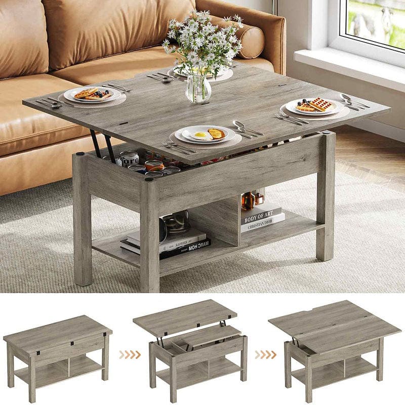 FR.SIKAIC Table basse Gris / Moderne Table basse 3 en 1 avec plateau relevable et rangement ouvert et caché, transformable en table à manger pliante, Gris