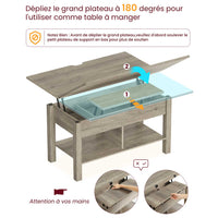 Table basse 3 en 1 avec Plateau Relevable et Rangement ouvert et Caché Transformable en Table à Manger Pliante Gris - FR.SIKAIC