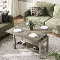 Table basse 3 en 1 avec Plateau Relevable et Rangement ouvert et Caché Transformable en Table à Manger Pliante Gris - FR.SIKAIC