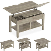 Table basse 3 en 1 avec Plateau Relevable et Rangement ouvert et Caché Transformable en Table à Manger Pliante Gris - FR.SIKAIC