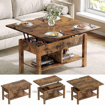 Table basse 3 en 1 avec Plateau Relevable et Rangement ouvert et Caché Transformable en Table à Manger Pliante Marron - FR.SIKAIC