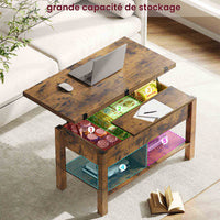 Table basse 3 en 1 avec Plateau Relevable et Rangement ouvert et Caché Transformable en Table à Manger Pliante Marron - FR.SIKAIC