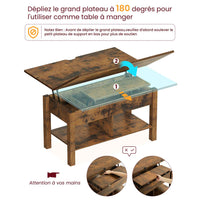 Table basse 3 en 1 avec Plateau Relevable et Rangement ouvert et Caché Transformable en Table à Manger Pliante Marron - FR.SIKAIC