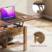 Table basse 3 en 1 avec Plateau Relevable et Rangement ouvert et Caché Transformable en Table à Manger Pliante Marron - FR.SIKAIC
