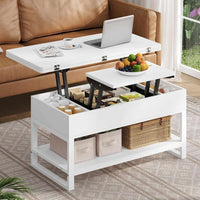 FR.SIKAIC Table basse Blanc / Bois d'ingénierie / Moderne Table Basse 3 en 1 Relevable et Extensible avec Compartiments Cachés et Étagère Ouverte Blanc