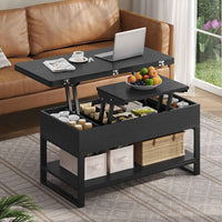 FR.SIKAIC Table basse Noir / Bois d'ingénierie / Moderne Table Basse 3 en 1 Relevable et Extensible avec Compartiments Cachés et Étagère Ouverte Noir