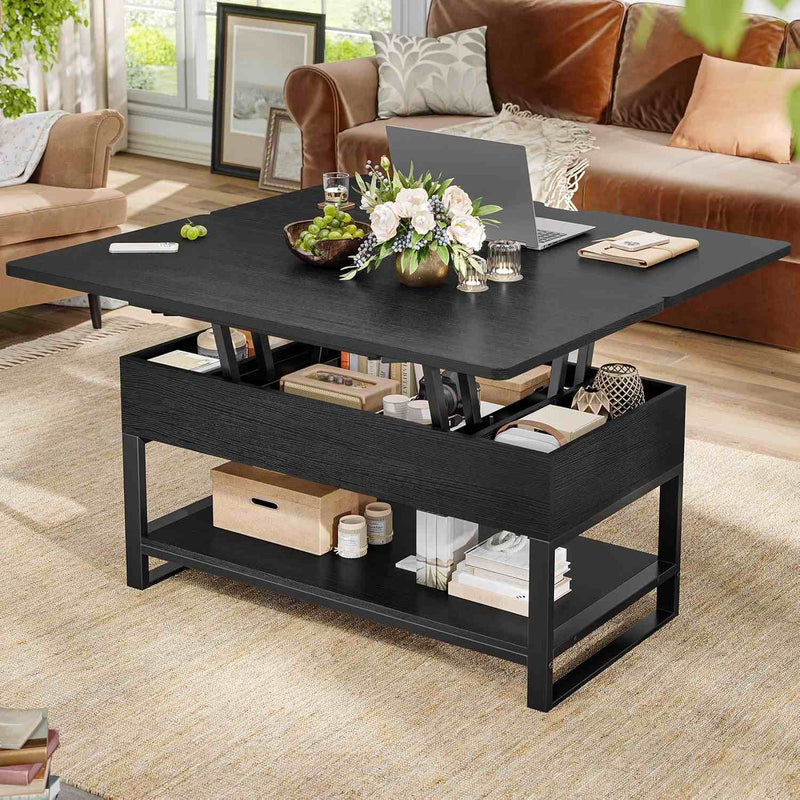 FR.SIKAIC Table basse Noir / Bois d'ingénierie / Moderne Table Basse 3 en 1 Relevable et Extensible avec Compartiments Cachés et Étagère Ouverte Noir