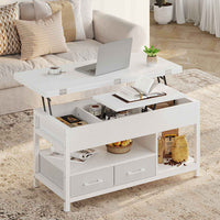 Table Basse Relevable 3 en 1 avec 2 Tiroirs Étagère de Rangement et Compartiment Caché Blanc - FR.SIKAIC