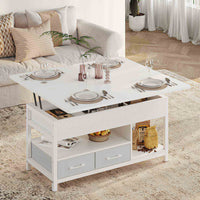 Table Basse Relevable 3 en 1 avec 2 Tiroirs Étagère de Rangement et Compartiment Caché Blanc - FR.SIKAIC