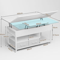 Table Basse Relevable 3 en 1 avec 2 Tiroirs Étagère de Rangement et Compartiment Caché Blanc - FR.SIKAIC