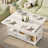 Table Basse Relevable 3 en 1 avec 2 Tiroirs Étagère de Rangement et Compartiment Caché Blanc - FR.SIKAIC