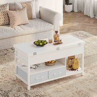 Table Basse Relevable 3 en 1 avec 2 Tiroirs Étagère de Rangement et Compartiment Caché Blanc - FR.SIKAIC