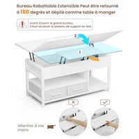 Table Basse Relevable 3 en 1 avec 2 Tiroirs Étagère de Rangement et Compartiment Caché Blanc - FR.SIKAIC