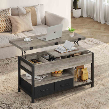 Table Basse Relevable 3 en 1 avec 2 Tiroirs Étagère de Rangement et Compartiment Caché Gris - FR.SIKAIC
