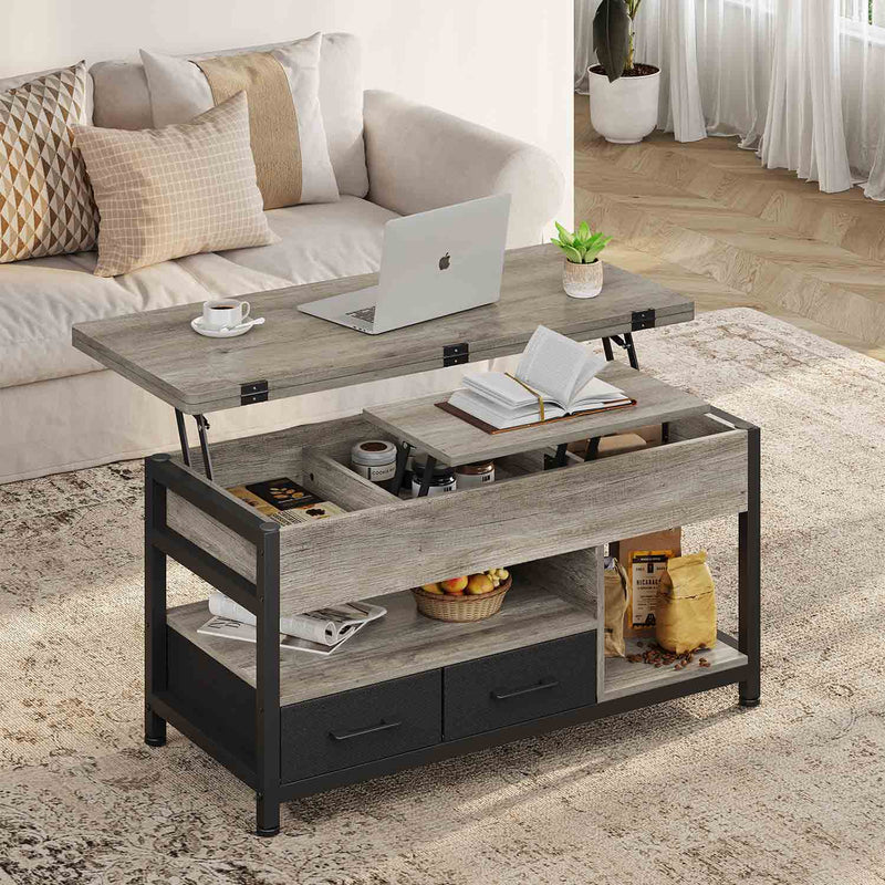 FR.SIKAIC Table basse Gris / Moderne Table Basse Relevable 3 en 1 avec 2 Tiroirs, Étagère de Rangement et Compartiment Caché, Gris