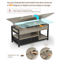 Table Basse Relevable 3 en 1 avec 2 Tiroirs Étagère de Rangement et Compartiment Caché Gris - FR.SIKAIC