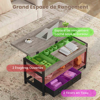Table Basse Relevable 3 en 1 avec 2 Tiroirs Étagère de Rangement et Compartiment Caché Gris - FR.SIKAIC