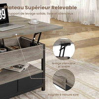 Table Basse Relevable 3 en 1 avec 2 Tiroirs Étagère de Rangement et Compartiment Caché Gris - FR.SIKAIC