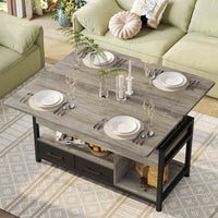 Table Basse Relevable 3 en 1 avec 2 Tiroirs Étagère de Rangement et Compartiment Caché Gris - FR.SIKAIC
