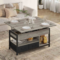 Table Basse Relevable 3 en 1 avec 2 Tiroirs Étagère de Rangement et Compartiment Caché Gris - FR.SIKAIC