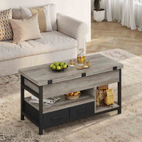 Table Basse Relevable 3 en 1 avec 2 Tiroirs Étagère de Rangement et Compartiment Caché Gris - FR.SIKAIC