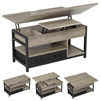 Table Basse Relevable 3 en 1 avec 2 Tiroirs Étagère de Rangement et Compartiment Caché Gris - FR.SIKAIC