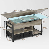 Table Basse Relevable 3 en 1 avec 2 Tiroirs Étagère de Rangement et Compartiment Caché Gris - FR.SIKAIC