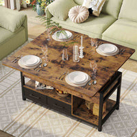 Table Basse Relevable 3 en 1 avec 2 Tiroirs Étagère de Rangement et Compartiment Caché Marron - FR.SIKAIC