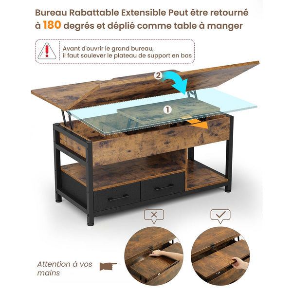 Table Basse Relevable 3 en 1 avec 2 Tiroirs Étagère de Rangement et Compartiment Caché Marron - FR.SIKAIC